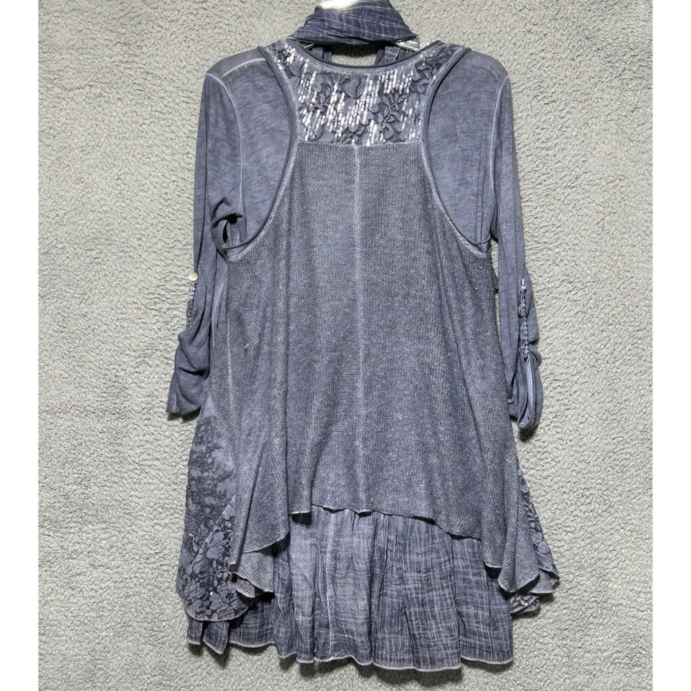 Simply Couture Tunic Set 3 Pc Blue Knit Layered Lace Scarf Sz L Boho Lagenlook - Picture 7 of 7